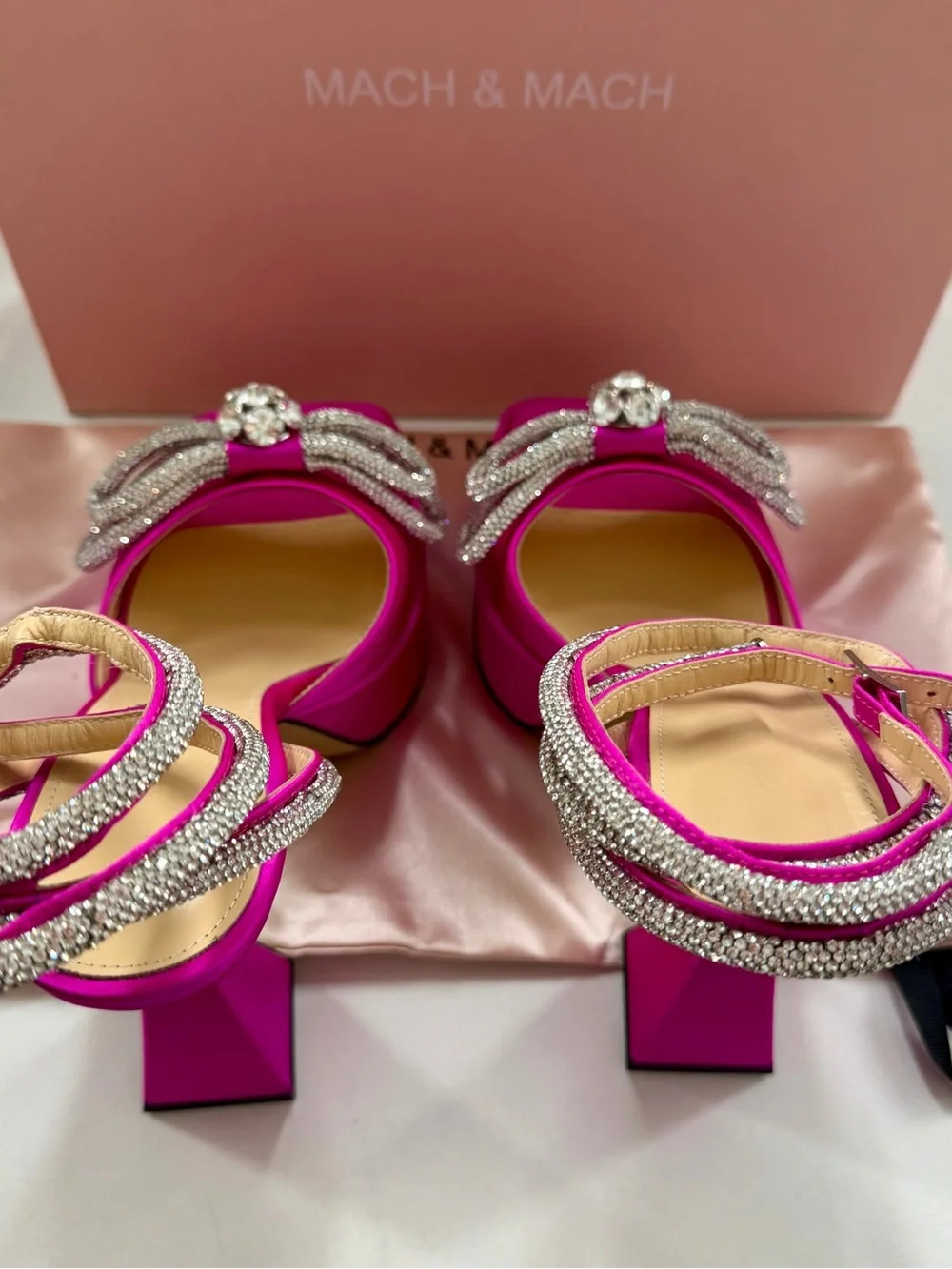 MACH & MACH - Double Bow - 140 Silk Ankle Strap Sandals - 38 - New - Fuchsia